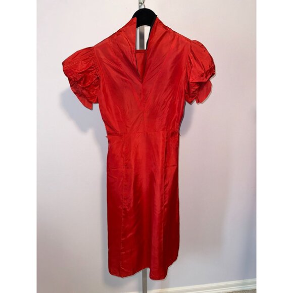 Vtg 40s Red Acetate Tafetta Dress Puff Sleeves Side Snaps Midi Length Womens - Picture 2 of 5